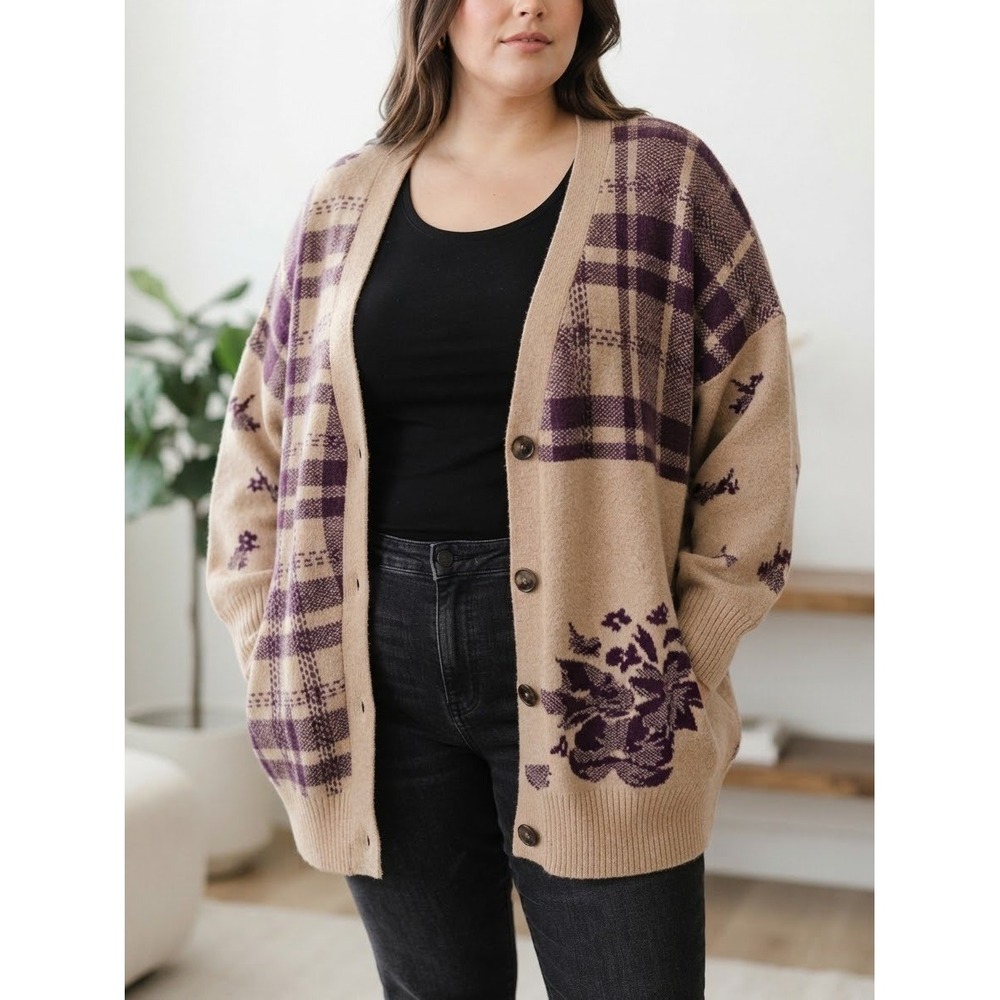 Margeaux & Ellie Womens Oversized Cardigan Plaid Floral Knit Tan Purple 3X